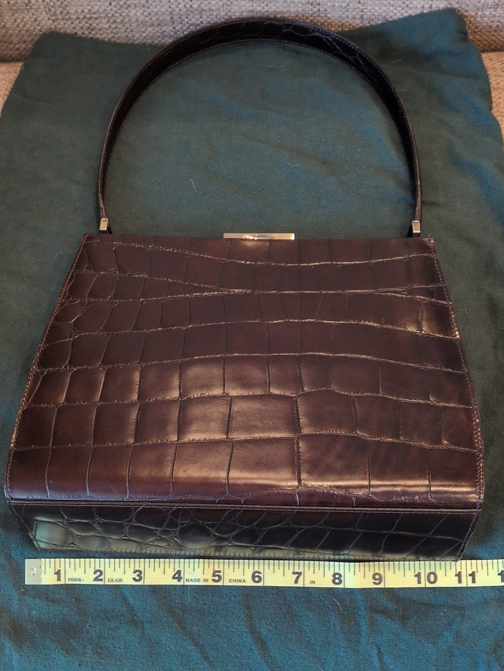 Vintage Cole Haan Chocolate Brown Croc-Embossed Leather Framed Handbag - Picture 9 of 10
